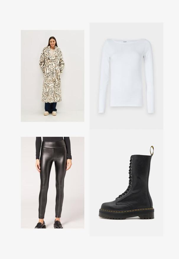 Abrigo de pelo sintético con estampado de leopardo blanco y negro, mangas largas, gran cuello y cintura ceñida con cinturón. Llevado sobre un suéter ligero y jeans oscuros.; Camisa blanca de manga larga hecha de una mezcla de algodón, con un escote en forma de barco y un diseño ajustado. Sin patrones ni acentos visibles.; Leggings de poliéster negro de imitación cuero con una textura suave y un diseño ajustado, que presentan una silueta elegante y un detalle mínimo.; Bota de combate de cuero negro con caña alta, parte delantera con cordones, costuras amarillas y suela gruesa y texturizada. Presenta un diseño de alta tracción.