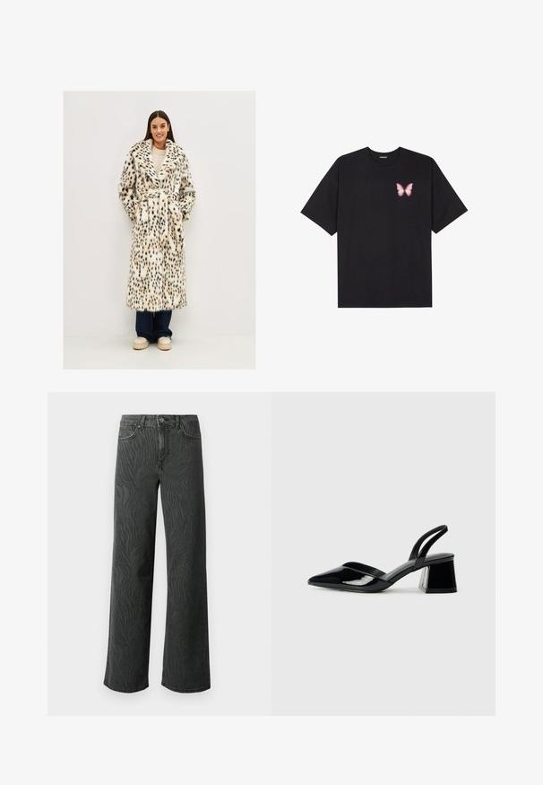 Műszőrme kabát fehér és fekete leopárdmintával, hosszú ujjakkal, nagy gallérral és övvel a derékon. Egy világos pulóver és sötét farmer alatt viselve.; Fekete pamut póló rövid ujjakkal, bal mellkason egy kis rózsaszín pillangó grafikával. Kerek nyakú kialakítás, laza fazonnal.; Sötét szürke denim széles lábú farmer, diszkrét zebra mintás textúrával, kontrasztos varrással és öt zsebes kialakítással, gombos zipzárral.; Fekete lakk bőr szandálkés magas sarkú cipő, hegyes orral és geometrikus tömbsarkakkal. Karcsú, minimalista dizájn és sima textúra jellemzi.