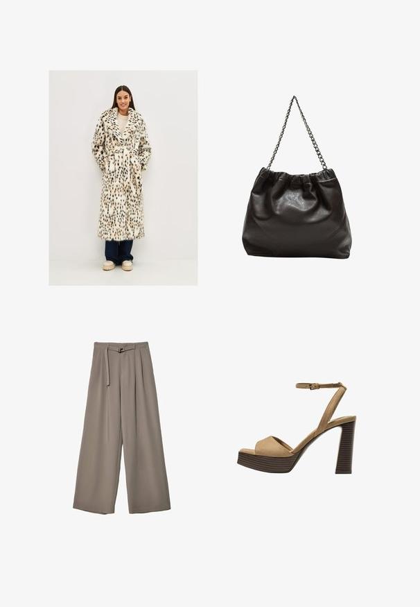 Sztuczny futerko o białym i czarnym wzorze w gepardy, z długimi rękawami, dużym kołnierzem i paskiem w talii. Noszone na lekkim swetrze i ciemnych dżinsach.; Beżowy krótki sweter z krótkim rękawem, wykonany z miękkiej dzianiny. Posiada okrągły dekolt i prążkowane wykończenia. Prosty i minimalistyczny design.; Spodnie o szerokich nogawkach w miękkim, stonowanym szarym materiale, z paskiem w talii i plisami dla dodania detali projektowych. Gładka tekstura, bez wzorów.; Beżowe zamszowe sandały na wysokim obcasie z szerokim paskiem z przodu i paskiem za kostkę, z masywnym drewnianym obcasem o teksturowanym wykończeniu.; Brązowa skórzana torba z marszczonym szczytem i łańcuszkowym paskiem. Gładka tekstura z błyszczącym wykończeniem i subtelnymi detalami szwów po bokach.
