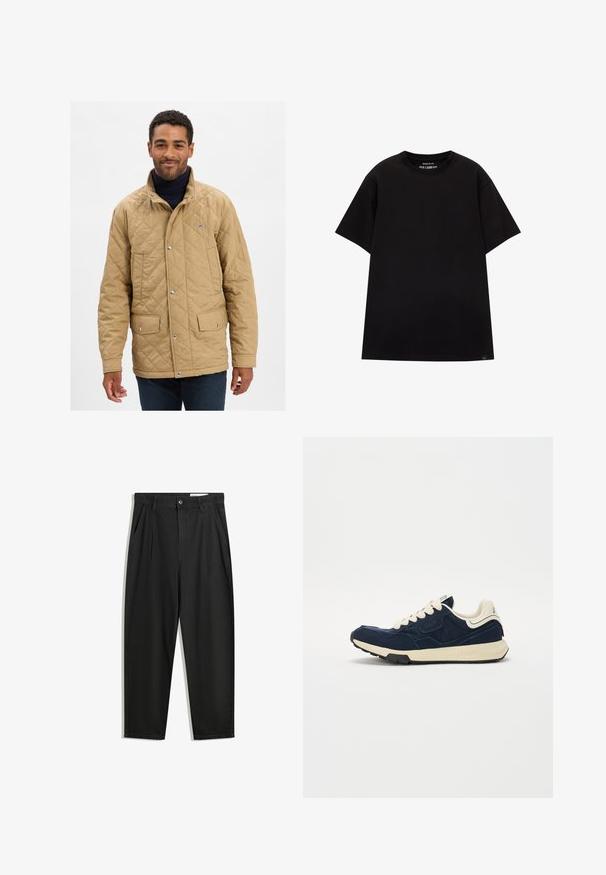 Tan quilted jakke med stående krave, trykknapper og to frontlommer. Designet har et diskret logo på brystet.; PULL&BEAR JOIN LIFE - T-shirts basic - black; Sorte bomuldsbukser med en afslappet pasform, der har en klassisk talje, frontfolder og sidelommer. Glat tekstur uden mønstre.; Marineblå sneakers med en struktureret ruskindsøvre, cremefarvede snørebånd og en beige mellemsål. Har et klassisk atletisk design og gummiydersål.