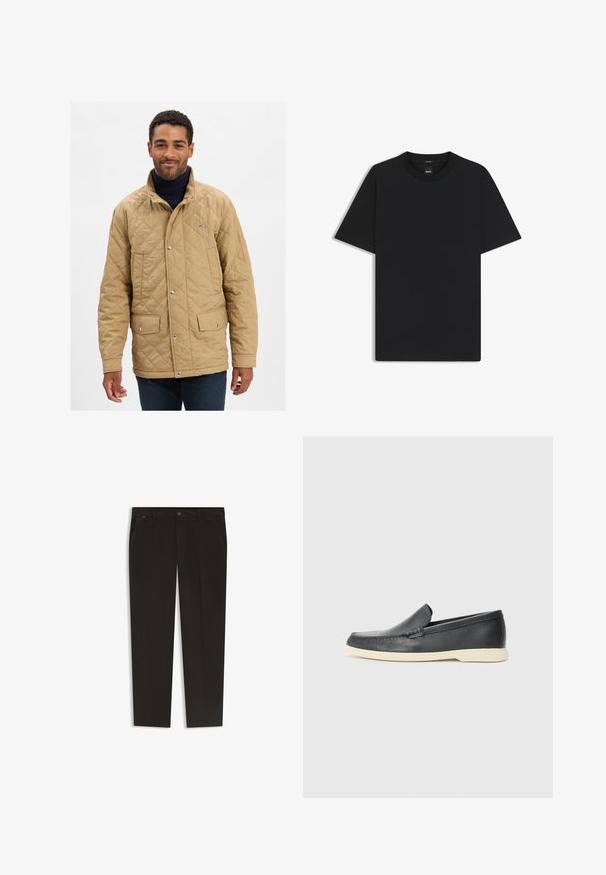 Tan quiltad jacka med uppstående krage, tryckknappar och två framfickor. Designen har en diskret logotyp på bröstet.; Svart kortärmad T-shirt i en mjuk bomullsblandning, med rundad halsringning och en minimalistisk design utan mönster eller detaljer.; Svarta byxor med rak ben-design, tillverkade av ett glatt tyg. Har en knappstängning och framfickor. Inga synliga mönster eller dekorationer.; Svarta läder slip-on loafers med en texturerad yta och en kontrasterande beige gummisula. Har en subtil accent längs fram.