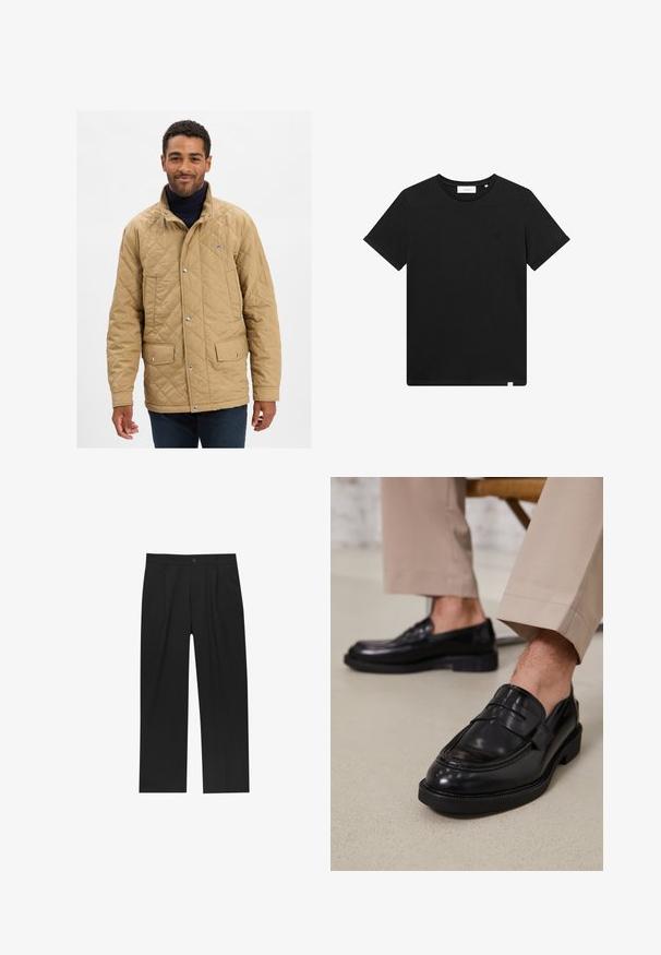 Veste matelassée beige avec un col montant, des boutons-pression et deux poches avant. Le design présente un logo discret sur la poitrine.; T-shirt noir à manches courtes en coton, avec un col rond et un petit logo brodé sur la poitrine. Texture lisse, coupe standard.; Pantalons noirs au design droit, fabriqués à partir d'un tissu lisse. Dotés de plis sur le devant et d'une fermeture à un bouton à la taille.; Mocassins en cuir noir avec une finition lisse, ornés d'une sangle décorative et de coutures contrastées, associés à un pantalon beige.