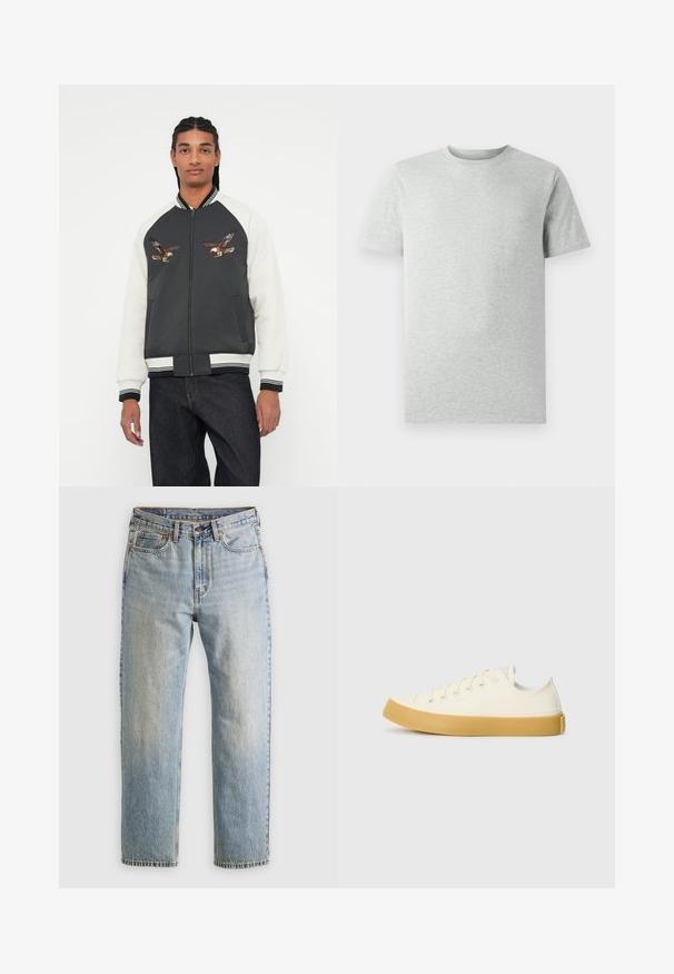 Bomberjakke med en mørkegrå kropp, hvite ermer og broderte ørn-design. Ribbestrikkede mansjetter og linning, glidelås og sidelommer.; Lys grå kortermet T-skjorte med rund hals vist på hvit bakgrunn, frontvinkel uten synlige logoer eller design.; Lys blå denim jeans med høy midje, frontknapp, glidelås og fem-lommers design, lagt flatt på en nøytral bakgrunn.; Canvas sneakers i off-white med rund tå, med beige gummisåler og fem hull for lisser, strukturert finish på overdelen.