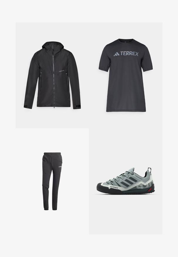 Chaqueta impermeable negra con capucha, cierre frontal completo y dos bolsillos laterales con cremallera. Textura suave con puños de velcro.; Camiseta negra de manga corta hecha de un tejido ligero, con un logotipo en gris claro "TERREX" en el pecho y cuello redondo.; Pantalones deportivos negros hechos de una tela ligera, con cinturilla elástica, bolsillos laterales, piernas ajustadas y detalle de logo.; Zapatos de escalada grises con un upper texturizado, punta de goma negra, tres rayas oscuras y un pequeño acento rojo en la suela.