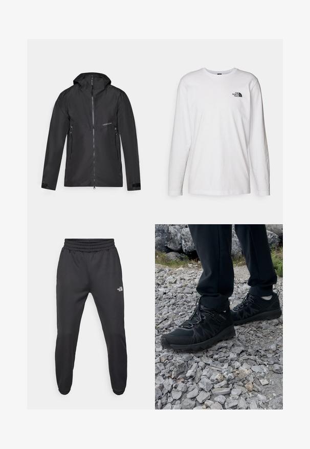 Zwarte waterdichte jas met een capuchon, volledige voorrits en twee zijzakken met rits. Gladde textuur met klittenband manchet.; Witte lange mouwen T-shirt gemaakt van katoen met een ronde hals. Beschikt over een klein zwart logo op de borst. Soepele textuur, normale pasvorm.; Zwarte sweatpants met een trekkoord in de taille, tapered fit, elastische boorden en een klein wit logo op de linker dij, gemaakt van gladde stof.; Zwarte buitenschoenen van mesh en synthetisch materiaal, met een gestructureerd bovenwerk, een beveiligd vetersysteem en een robuuste zool, op een ruig terrein.