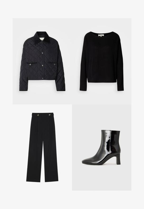 Melnā izšūta jaka ar īsu dizainu, korduroja apkakli, pogu aizdari un divām priekšējām kabatām ar sudraba aksesuāriem.; Melnas garām piedurknēm krekls, kas izgatavots no mīksta materiāla, ar plašu apaļu kakla izgriezumu un brīvu piegriezumu, bez redzamām rakstām vai aparatūras.; Melnas platās bikses ar augstu jostasvietu, pogu detaļām uz jostas un priekšējām krokām.; Melnas patentētas ādas potīšu zābaki ar norādītu pirkstu un vidēja augstuma kvadrātveida papēdi. Gluda tekstūra un minimālisma dizains.