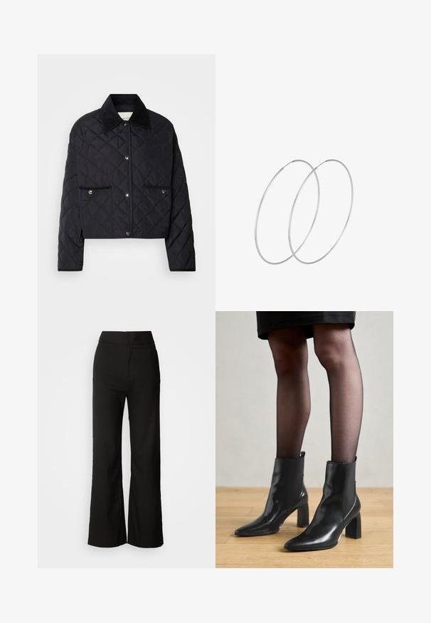 Melnā izšūta jaka ar īsu dizainu, korduroja apkakli, pogu aizdari un divām priekšējām kabatām ar sudraba aksesuāriem.; Jūras flotes turtlenecks ar gariem piedurknēm. Izgatavots no mīksta auduma ar gludu tekstūru. Iezīmēts ar pieguļošu dizainu un augstu apkakli bez redzamām šuvēm.; Melni platlegu bikses ar gludu tekstūru, augsto vidukli un tīru dizainu. Nav redzamu kabatu vai rotājumu.; Melni ādas potīšu zābaki ar izdilušu purngala formu, masīvu kvadrātveida papēdi un elegantu dizainu. Iekļautas elastīgas sānu paneļi, kas nodrošina ērtu uzvilkšanu.; Sudraba gredzenveida auskari ar minimālistisku dizainu. Cirkulāra forma, gluda tekstūra un plāns profils. Vieglu svaru ar spīdīgu apdari.