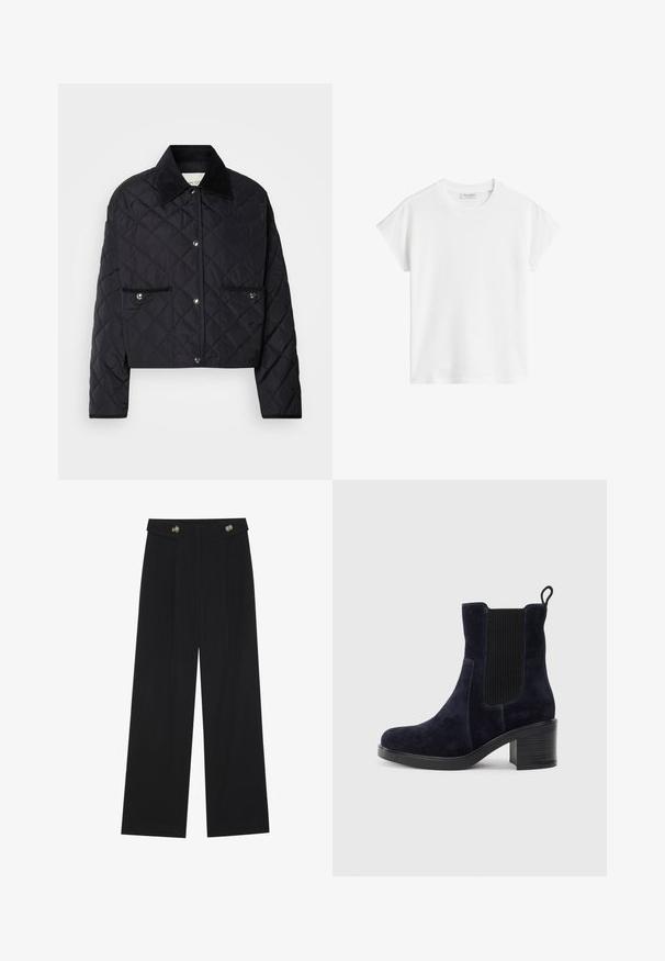Crna quiltana jakna s krojenjem do struka, ovratnikom od kadifa, kopčanjem na dugmadi s armaturnim zatvaračem i dva prednja džepa s srebrnim detaljima.; Bijela kratka majica s kratkim rukavima izrađena od pamuka. Ima ležeran kroj s okruglim izrezom i malo spuštenim šavovima na ramenima. Bez uzoraka ili ukrasa.; Crne hlače širokih nogavica s visokim strukom, s dugmadi na pojasu i prednjim nabora.; Tamno plavi antilop čizmi do gležnja s elastičnom bočnom panelom, zaobljenim vrhom i blok petom. Teksturni materijal i glatka đon dodaju kontrast.