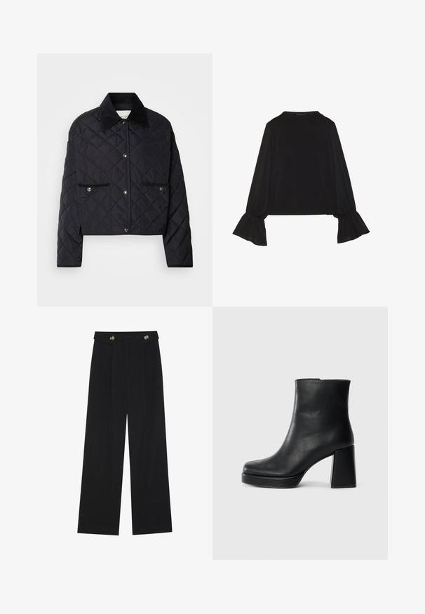 Jachetă neagră matlasată cu un design scurt, guler din catifea, închidere cu capse și două buzunare frontale cu accente din metal argintiu.; Top negru cu mânecă lungă, cu mansete evazate, textură moale și croială lejeră, având un guler rotund simplu.; Pantaloni negri cu picioare largi, talie înaltă, detalii cu butoane pe talie și pliseuri în față.; Botină din piele neagră, cu toc pătrat și talpă platformă, văzută din lateral pe un fundal alb simplu.