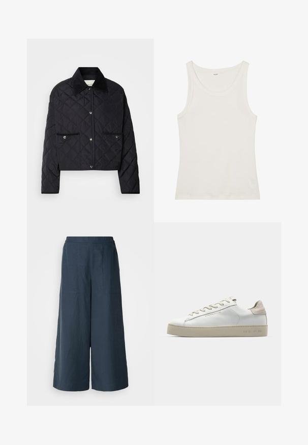 Čierna prešívaná bunda s krátkym strihom, zamatovým golierom, zapínaním na cvoky a dvoma prednými vreckami so striebornými kovovými doplnkami.; Biely bavlnený tielko s širokým výstrihom a tenkými ramienkami. Hladká textúra bez viditeľných vzorov alebo ozdôb.; Široké nohavice v námorníckej modrej farbe, vyrobené z ľahkej tkaniny. Majú mierne textúrovaný povrch, elastický pás a predné švy.; Biele kožené tenisky s hladkým povrchom, béžové sametové akcenty, okrúly špička, plochý dizajn na šnurovanie a štruktúrovaná gumová podrážka.