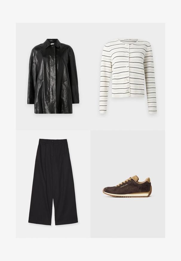 Jachetă din piele neagră cu guler, închidere prin buton frontal, două buzunare laterale și croială lejeră. Textură netedă și design minimalist.; Cardigan alb cu dungi orizontale negre și model de dantelă. Prezintă un guler rotund și nasturi asemănători cu perlele pe față.; Cămașă albă din bumbac cu mâneci lungi, guler ascuțit, închidere cu nasturi în față și tiv rotunjit. Textură netedă, croială standard și fără modele.; Pantaloni negri cu picioare largi, dintr-un material neted, cu talie înaltă, pliuri frontale, închidere cu nasture și siluetă dreaptă.; Adidași din suede maro cu accente din piele bej, se disting prin șireturi rotunde, talpă din cauciuc bej și logo-ul "Michael Kors" pe partea exterioară.