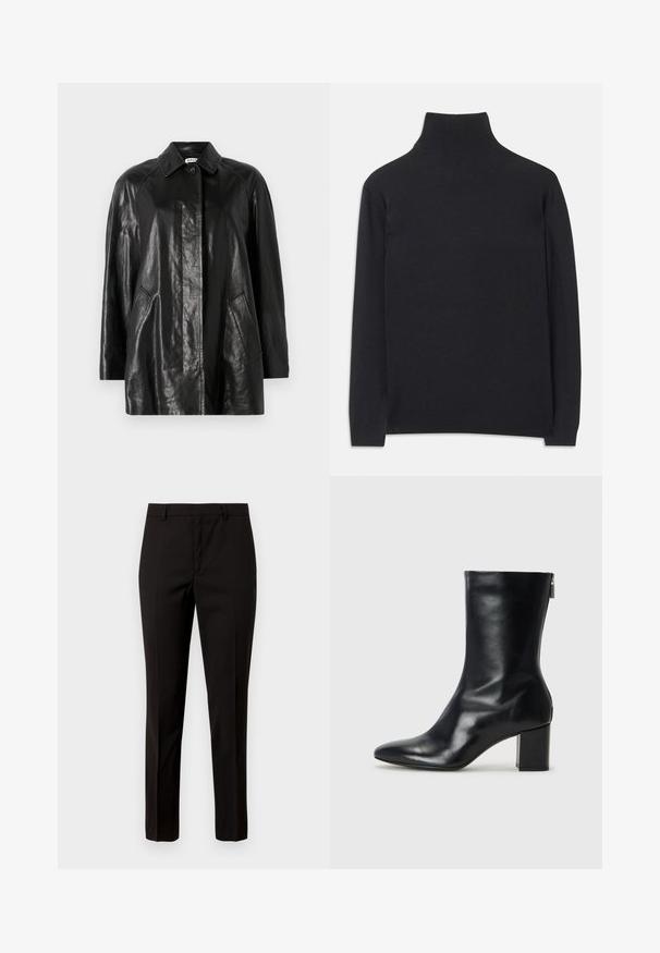 Crna kožna jakna s ovratnikom, prednjim zatvaranjem na gumbe, dva bočna džepa i ležernim krojem. Glatka tekstura i minimalistički dizajn.; Crna rolka izrađena od mekanog materijala. Ima duge rukave, visoki ovratnik te rebraste rukave i donji rub za prilagodljiv izgled.; Crne krojene hlače ravnog kroja, izrađene od glatke tkanine, s ravnim prednjim dijelom i petljama za remen. Nema vidljivih uzoraka ili akcenata.; Crne kožne gležnjače s oštrim vrhom i blok petom visokom 4 cm. Elegantni dizajn s bočnim patentnim zatvaračem za jednostavno obuvanje. Glatka tekstura.