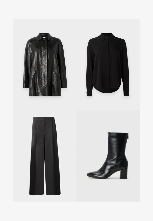 Jachetă din piele neagră cu guler, închidere prin buton frontal, două buzunare laterale și croială lejeră. Textură netedă și design minimalist.; Bluză lungă neagră cu mâneci lungi, guler ascuțit, placket cu nasturi ascunși și tiv curbat pe un fundal alb simplu.; Pantaloni negri cu talie înaltă, cu picioare largi, având pliseuri frontale, o textură netedă și un finisaj croit. Concepuți pentru o croială relaxată.; Botină din piele neagră, cu vârf ascuțit și toc bloc de 4 cm. Design elegant, cu un fermoar lateral pentru o îmbrăcare ușoară. Textură netedă.