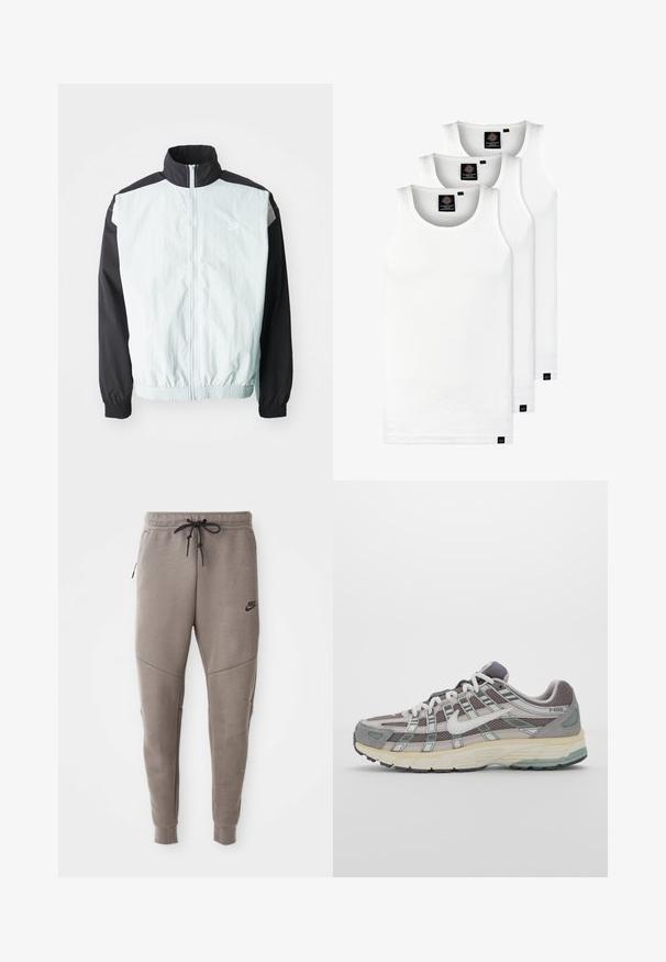 Gaiši zilā un melnā vēja jaka ar augstu apkakli, ar rāvējslēdzēju, elastīgiem piedurknēm un baltu logotipu uz krūtīm.; Trīs baltas ribotas krūšturi, kas izgatavoti no kokvilnas. Iezīmēti ar apaļu kakla izgriezumu un maziem melniem etiķetēm tuvu apakšmalai. Pieejami vairākos izmēros.; Pelēki Nike sporta bikses ar aukliņu viduklī, sašaurinātiem galiem, sānu kabatām un izteiktām šuvēm. Mīksta, teksturēta auduma.; Pelēkie sporta apavi ar tīkla un zamša augšdaļu, baltiem akcentiem, mīkstinātu zoli un izcilu dizainu ar atstarotājiem.
