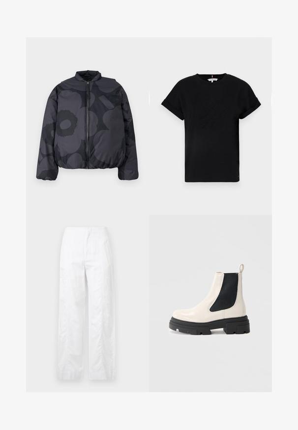 Marimekko UNIKKO - Talvejope - dark grey/black; Mustmust särk, millel on rullitud lühikesed varrukad, keskosas on embosseeritud logo ja küljel väike lipu aktsent.; Valged laiad püksid, mis on valmistatud kergetest materjalidest, omades siledat tekstuuri, puhtaid jooni ja kõrget vöökohta.; Kreemvalgest nahast Chelsea saapad paksu musta tallaga ja elastsete mustade külgapanusega tavalise valge tausta ees.