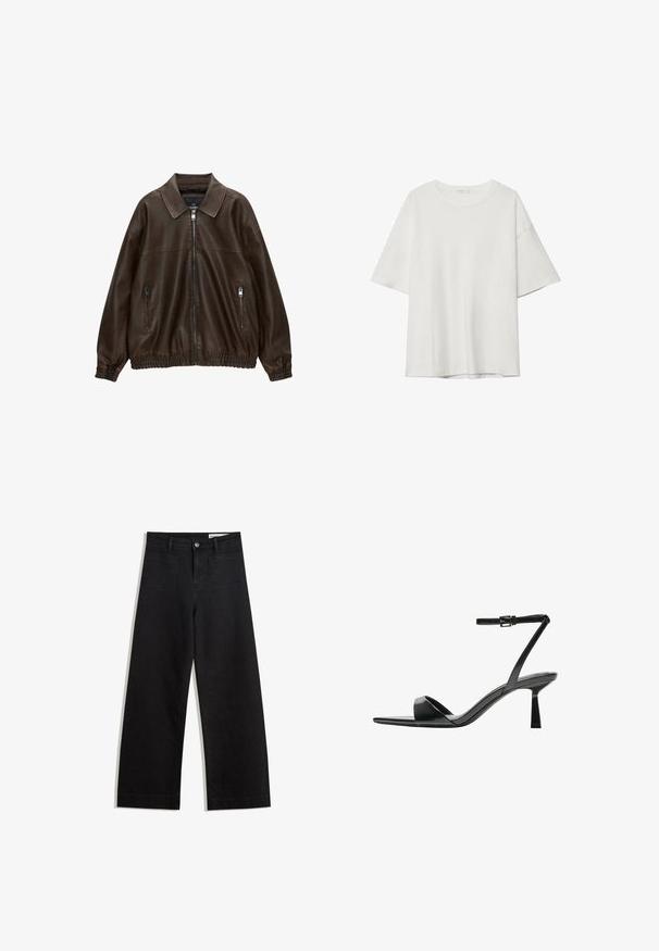 Blouson en cuir marron avec un col, deux poches zippées, une taille élastique et une finition texturée. Design doux et décontracté.; T-shirt blanc à manches courtes avec un col rond et une coupe décontractée. Fait en tissu lisse sans motifs ou accents visibles.; Pantalon en denim noir à jambes larges avec une taille haute, comprenant des poches avant et arrière, des coutures piquées et une fermeture à bouton. Texture lisse.; Bershka Sandales à talons hauts - black