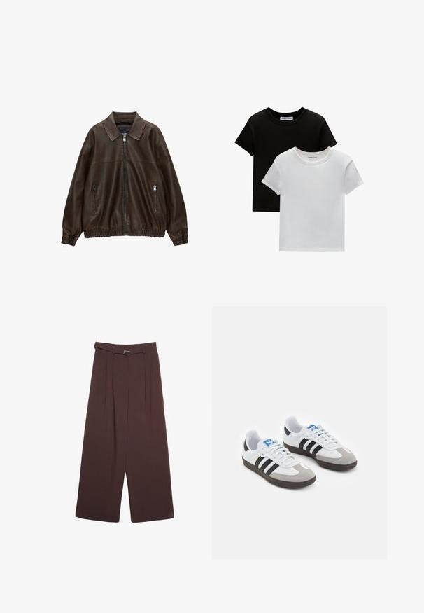 Brameno usnjeno bombersko jopico s ovratnikom, dvema žepoma na zadrgo, elastičnim pasom in teksturirano površino. Mehka, sproščena zasnova.; Dve majice s okruglim izrezom, crne in bele barve, narejene iz bombaža. Imajo kratke rokave in enobarven dizajn brez vzorcev ali dodatkov.; Stradivarius WIDE-LEG WITH BUCKLE DETAIL - Hlače - dark brown; Športni čevlji z belim usnjenim zgornjim delom, sivim semišem na prstih in tremi črnimi črtami. Imajo modro logo na jeziku in teksturiran gumijast podplat.