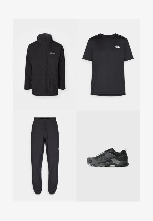 Black waterproof jacket with a high collar, long sleeves, two front pockets, and a logo on the left chest. Smooth texture and minimal design.; Black short-sleeve T-shirt made from lightweight fabric. Features a small white logo on the left chest and subtle shoulder accents.; Black athletic pants made from lightweight fabric, featuring a drawstring waistband, side pockets, and tapered cuffs at the ankles.; Black trail running shoe with a durable mesh upper, reinforced toe cap, textured rubber sole, and elastic lacing system for secure fit.