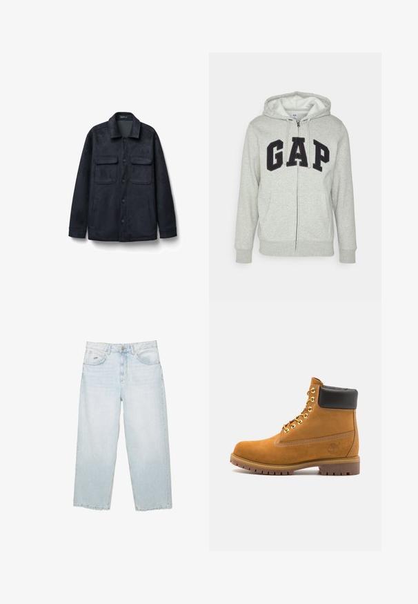 Dunkelmarineblaues Jacket aus weich gebürstetem Stoff. Verfügt über einen Kragen, einen Frontknopfverschluss, zwei Brusttaschen und seitliche Einschubtaschen.; Grauer Reißverschluss-Hoodie mit einer vorderen Kängurutasche, ausgestattet mit einem schwarzen "GAP"-Logo. Weicher Stoff und verstellbare Kapuze mit Kordelzug.; Weißes kurzärmliges T-Shirt aus Baumwolle mit Rundhalsausschnitt und lockerer Passform. Glatte Textur, ohne sichtbare Muster oder Akzente.; Hellblaue Jeans mit hoher Taille und geradem Bein, mit Vorderknopf, Taschen und einem kleinen, markierten Metalltag auf der rechten Vorderseite der Tasche.; Beige Wildleder-Ankle-Boot mit schwarzem gepolstertem Kragen, goldenen Metallösen, weißen Nähdetalben und einer robusten Gummisohle mit ausgeprägtem Profil.