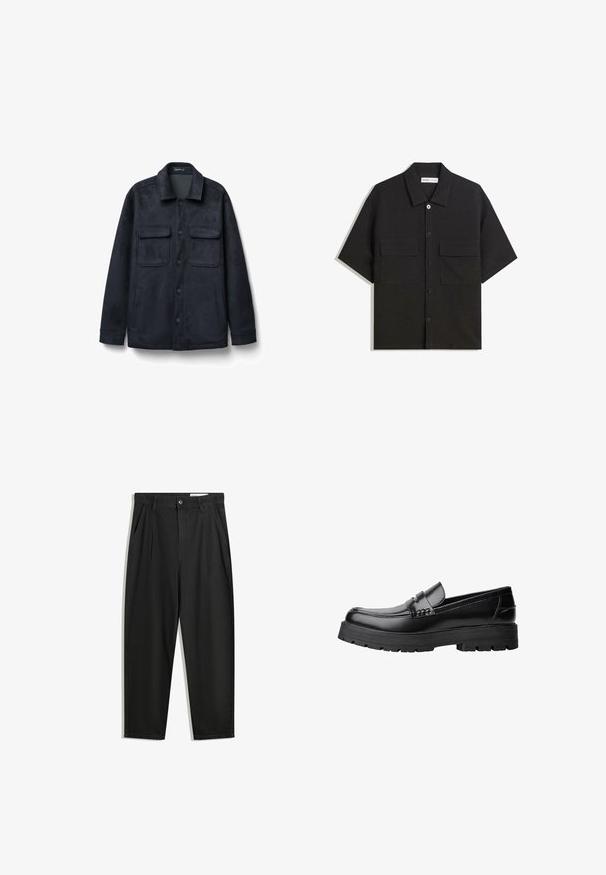 Dunkelmarineblaues Jacket aus weich gebürstetem Stoff. Verfügt über einen Kragen, einen Frontknopfverschluss, zwei Brusttaschen und seitliche Einschubtaschen.; Schwarzes kurzärmliges Shirt aus Stoff mit glatter Textur, verfügt über zwei Vorderaschen, einen klassischen Kragen und einen Knopfverschluss.; Schwarze Baumwollhose mit lockerem Schnitt, ausgestattet mit einem klassischen Bund, vorderen Falten und Seiten taschen. Glatte Textur ohne Muster.; Schwarzer Lederloafer mit grobem, rutschfestem Sohlenprofil und dekorativem Riemen über der Oberseite, seitlich links auf weißem Hintergrund abgebildet.