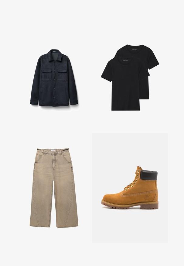 Dunkelmarineblaues Jacket aus weich gebürstetem Stoff. Verfügt über einen Kragen, einen Frontknopfverschluss, zwei Brusttaschen und seitliche Einschubtaschen.; Zwei schwarze Baumwoll-T-Shirts mit kurzen Ärmeln, runden Ausschnitten und einer glatten Textur, übereinander gestapelt.; PULL&BEAR MEGA BAGGY - Baggy Jeans - light grey; Beige Wildleder-Ankle-Boot mit schwarzem gepolstertem Kragen, goldenen Metallösen, weißen Nähdetalben und einer robusten Gummisohle mit ausgeprägtem Profil.