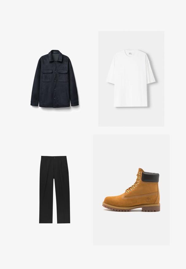 Dunkelmarineblaues Jacket aus weich gebürstetem Stoff. Verfügt über einen Kragen, einen Frontknopfverschluss, zwei Brusttaschen und seitliche Einschubtaschen.; Weißes kurzärmliges T-Shirt aus Baumwolle mit Rundhalsausschnitt und lockerer Passform. Glatte Textur, ohne sichtbare Muster oder Akzente.; Schwarze Hose mit geradem Schnitt, aus einem glatten Stoff gefertigt. Verfügt über Vorderfalten und einen einzelnen Knopfverschluss an der Taille.; Beige Wildleder-Ankle-Boot mit schwarzem gepolstertem Kragen, goldenen Metallösen, weißen Nähdetalben und einer robusten Gummisohle mit ausgeprägtem Profil.