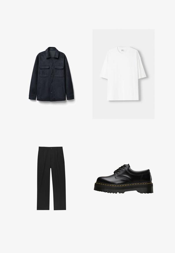 Giacca blu scuro realizzata in morbido tessuto spazzolato. Presenta un colletto, chiusura frontale con bottoni, due tasche sul petto e tasche laterali con fessura.; T-shirt bianco a maniche corte realizzato in cotone, con scollatura rotonda e vestibilità rilassata. Texture liscia, senza motivi o dettagli visibili.; Pantaloni neri con un design a gamba dritta, realizzati in un tessuto liscio. Presentano pieghe frontali e una chiusura a un bottone in vita.; Scarpa nera in pelle con lacci, dotata di una soletta in gomma nera spessa e seghettata e cuciture gialle lungo il bordo, con una finitura liscia.