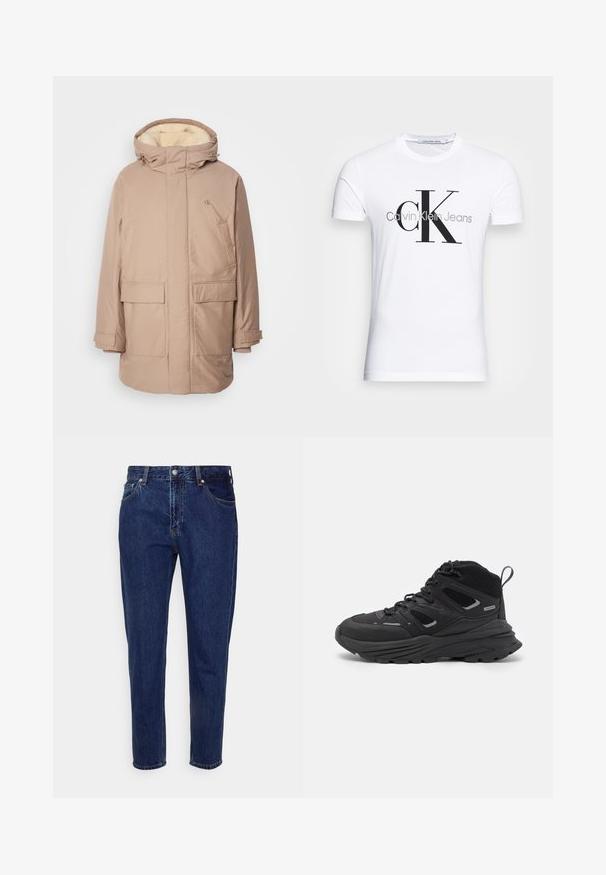 Parka isolada bege com capuz, apresentando um forro interior suave e de cor clara, dois bolsos frontais e um logótipo no peito.; T-shirt de algodão branco com um logotipo preto "CK" e o texto "Calvin Klein Jeans", com mangas curtas e um decote redondo clássico.; Jeans de denim azul escuro com um corte reto, cinco bolsos e fecho de botão. Apresenta desbotamento sutil e detalhes de costura.; Botas de caminhada pretas com um design em camadas, tecido texturizado e sola de borracha, com áreas reforçadas e atacadores na frente.