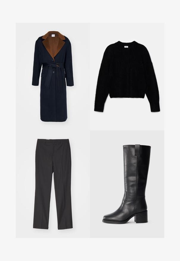 Cappotto di lana blu navy con colletto marrone, maniche lunghe, bottoni frontali e vita con cintura. Presenta due tasche frontali e un design sartoriale.; Maglione cropped nero realizzato in materiale soffice. Presenta un colletto rotondo e maniche lunghe con una consistenza morbida. Design minimale, senza fantasie.; Pantaloni neri sartoriali con un design a gamba dritta, dotati di passanti per cintura e una texture liscia, realizzati in tessuto leggero.; Stivali al ginocchio in pelle nera con una texture liscia, punta quadrata, tacco a blocco e linguetta laterale, caratterizzati da dettagli di cucitura minimi.