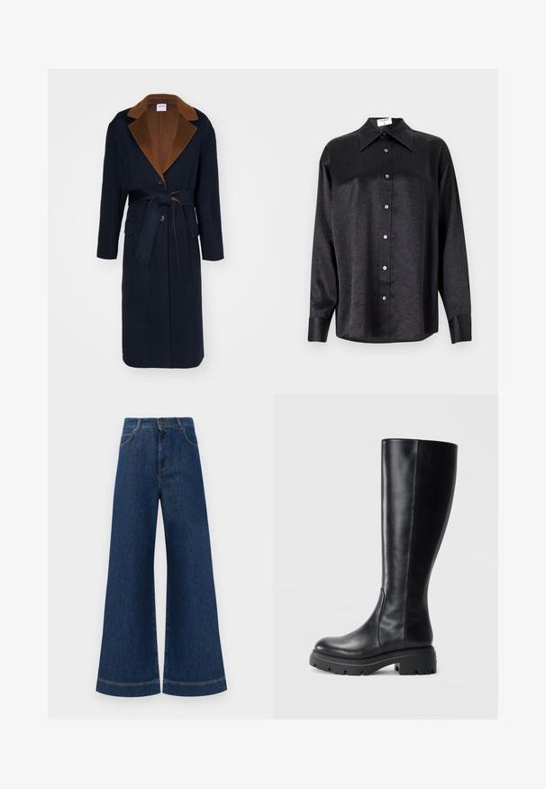 Manteau en laine marine avec un col marron, des manches longues, des boutons sur le devant et une taille ceinturée. Il dispose de deux poches avant et d'un design ajusté.; Chemise noire à manches longues avec un col, présentant une texture froissée, une fermeture à boutons sur le devant et des poignets. Fabriquée en tissu lisse.; Jeans en denim bleu à taille haute et jambes larges, avec une fermeture à bouton, des passants de ceinture et des détails de couture subtils le long des poches et des ourlets.; Bottes noires montantes en cuir lisse, avec un bout arrondi et une semelle épaisse en caoutchouc dotée de motifs de grip pour une meilleure adhérence.