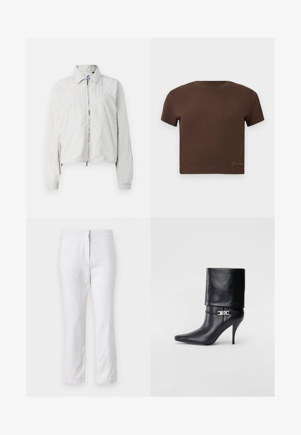 Hele halli bomber-suurus, millel on kraega kaelus, lukuga esiots, elastsed mansetid ja veidi lühem hem. Sile kangastekstuuri.; Kohvane lühikeste varrukatega puuvillane cropped T-särk, millel on ümmargune kaelus. Altpoolt on diskreetne kuldne "Guess" logo.; Valged puuvillased püksid sirge lõikega, keskmise kõrgusega vöökoht ja ilma nähtavate detailide või mustriteta. Ühtlane sile tekstuur.; Mustad nahast pahkluu saapad terava nina, kõrge stilettokanna, volditud äärega ja kuldse dekoratiivse pandlaga pahkluul.