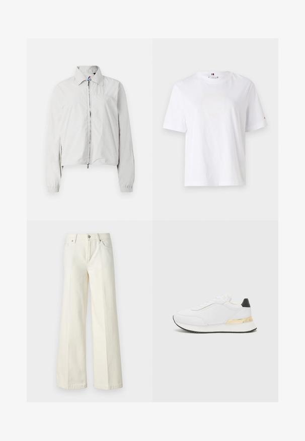 Vaaleanharmaa bomber-takki, jossa on kauluksellinen kaulaosa, vetoketjukiinnitys, joustavat hihansuut ja hieman lyhennetty helma. Silkkinen kankaan pinta.; Valkoinen puuvillapaita, jossa on pyöreä kaula-aukko, lyhyet hihat ja huomaamaton keltainen logomuotoilu, jossa lukee "HILFIGER NEW YORK 1985." Normaali istuvuus.; Valkoiset leveät farkut, jotka on valmistettu puuvillasekoitteesta. Ominaisuuksina vetoketjuluukku, viisi taskua ja ompeleet saumoissa.; Valkoiset sneakerit, joissa on sileä pinta, musta kantapääkoriste ja kultainen metalliviimeistely keskikannan kohdalla. Nauhakiinnitys, kumipohja.