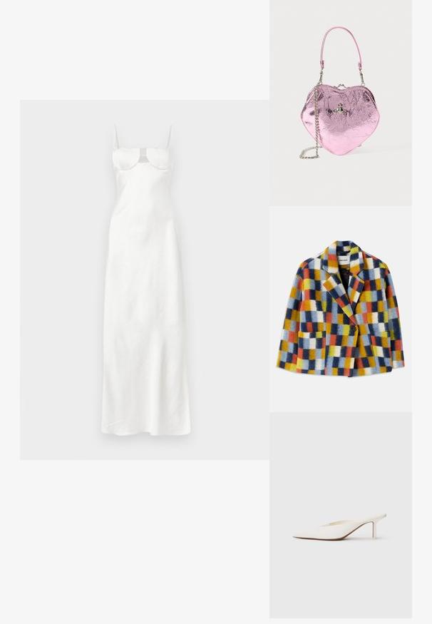 Colorful wool blazer with geometric check pattern in blue, orange, yellow, white, and black, featuring lapels and a single button closure.; White maxi dress with thin shoulder straps, fitted bust with structured cups, and a sleek, slightly flared skirt.; Pointed-toe white mule with a low stiletto heel. Made of smooth material with a minimalist design and subtle tan sole detail.; Heart-shaped handbag in metallic pink with a crinkled texture. Features a silver clasp and chain strap. Adjustable shoulder handle included.