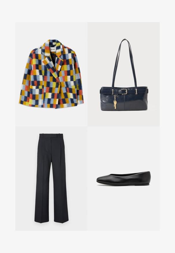 Blazer en laine coloré avec un motif à carreaux géométrique en bleu, orange, jaune, blanc et noir, avec des revers et une fermeture à un bouton.; Pull sans manches gris clair avec un col et un ourlet côtelés. Présente trois appliqués floraux texturés sur le devant. Étiquette de la marque : MAX&Co.; Pantalons rayés bleu foncé à taille haute, avec une coupe large et sans matériel ni embellissements visibles. Texture lisse et ajustement ajusté.; Paul Smith TOPANGA - Ballerines - black; Sac à main en cuir bleu marine avec deux longues poignées, un détail de boucle et un porte-clés accroché. Il présente une texture lisse et une forme rectangulaire.