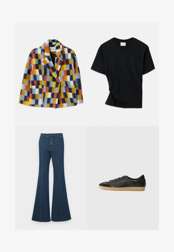 Farebný vlnený blejzer s geometrickým vzorom v modrej, oranžovej, žltej, bielej a čiernej farbe, s chlopňami a jedným gombíkom na zapínanie.; Čierne tričko vyrobené z mäkkej bavlny, s okrúhlym výstrihom, krátkymi rukávmi a mierne skrúteným dizajnom pre pohodlný strih.; Džínsy so širokými nohavicami v tmavomodrej farbe, s precízne prešitými švami a čistým vzhľadom. Majú stredne vysoký pás a široké, voľne splývajúce nohavice.; Čierne kožené tenisky s jemnými akcentmi z semišu, okrúhla špička, gumená podrážka, ploché šnúrky a prešité detaily. Obsahuje logo značky na päte.
