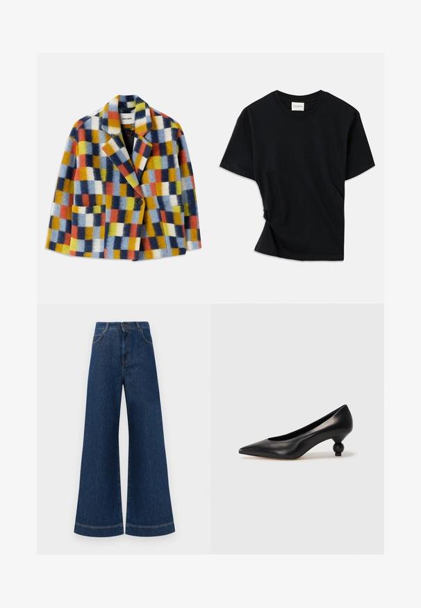 Spalvingas vilnonis švarkas su geometriniu langelių raštu mėlynos, oranžinės, geltonos, baltos ir juodos spalvoms, turintis atvartus ir vieną mygtuką.; Juodas marškinėlis, pagamintas iš minkštos medvilnės, su apvalia iškirpte, trumpomis rankovėmis ir šiek tiek sukurtu dizainu, užtikrinančiu laisvą prigludimą.; Plati mėlynos džinsinės kelnės su aukštu liemeniu, turinčios mygtukų užsegimą, diržo kilpas ir subtilius siuvinėjimo akcentus ant kišenių bei apdailos.; Juoda odinė aukštakulnė bateliai su smailiu pirštu ir apvaliu, iškiliu kulnu. Lygus paviršius su elegantišku, minimalistiniu dizainu.