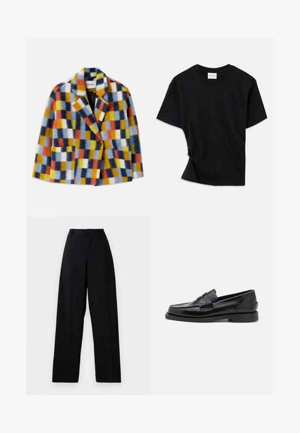 Värviline villane bleiser geomeetrilise ruudumustriga sinises, oranžis, kollases, valges ja mustas, millel on kaelused ja ühekordne nööp kinnitamiseks.; Must musta pehmeast puuvillast, millel on ümar kaelus, lühikesed varrukad ja kergelt keeratud disain, et tagada mugav istuvus.; Mustad kõrge vöökohaga laiad püksid nupuga ja tõmblukuga, vöölukud ja puhas, sile kangas.; CLOSED LOAFER - Jalga libistatavad jalanõud - black