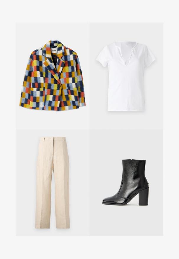 Színes gyapjú blézer geometrikus kockás mintával kék, narancs, sárga, fehér és fekete színekben, hajtókákkal és egy gombos záródással.; Fehér pamut póló rövid ujjakkal, laza szabással és V-nyakkivágással, öt díszgombbal ellátott gombolással.; Beige len vászonnadrág laza fazonnal, plisszírozott elülső résszel és egyenes lábakkal. Jellemzője a derékpánt övhurkokkal és látható zsebek nélkül.; Fekete bőr bokacipő sima textúrával, hegyes orral és vastag, magas sarkával. Oldalnyílással és minimalista dizájnnal rendelkezik.
