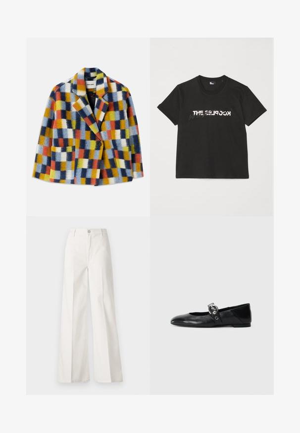 Blazer in lana colorato con motivo a scacchi geometrico nei colori blu, arancione, giallo, bianco e nero, dotato di rever e chiusura con un solo bottone.; T-shirt di cotone nera con maniche corte, caratterizzata da una stampa bianca e grigia "THE 2LOOK" sul davanti. Collo girocollo classico.; Pantaloni bianchi a gamba larga realizzati in cotone con una texture liscia. Presentano un bottone anteriore, una zip e un design a quattro tasche.; Ballerine in pelle nera con punta appuntita, dotate di una fascia con una fibbia metallica circolare e suola piatta.