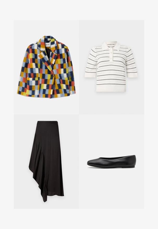Farverig uld blazer med geometrisk ternet mønster i blå, orange, gul, hvid og sort, med rever og enkelt knaplukning.; Kortærmet polo top i creme med sorte striber. Har en knaplukning, strikket tekstur og åbenarbejdsdesign for ventilation.; AERON ASTER SKIRT - Pencil skirt - black; Paul Smith TOPANGA - Ballerinasko - black