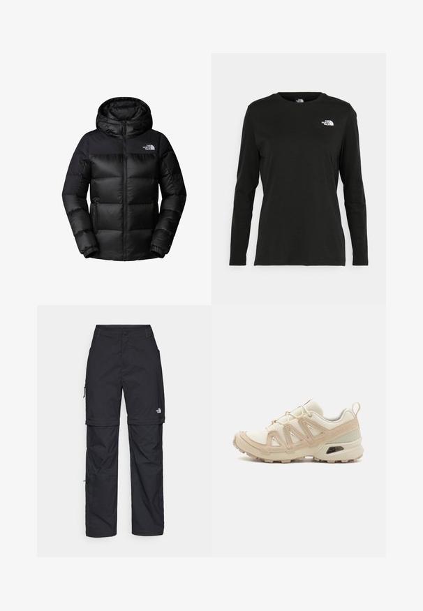 Casaco puffer preto com fecho em zíper à frente, capuz grande e acolchoamento horizontal. Feito de um tecido liso e durável com o logotipo no peito.; T-shirt preto de mangas longas, feito de algodão, com decote redondo. Apresenta um pequeno logótipo branco na área esquerda do peito. Design simples e ajuste confortável.; Calças cargo pretas em nylon com fechos de correr removíveis, punhos ajustáveis, múltiplos bolsos e um logótipo na perna direita. Textura suave e leve.; Sapatilha atlética beige e creme com parte superior em malha texturizada, sobreposições de suporte e sola de borracha com um padrão de cravo para tração.