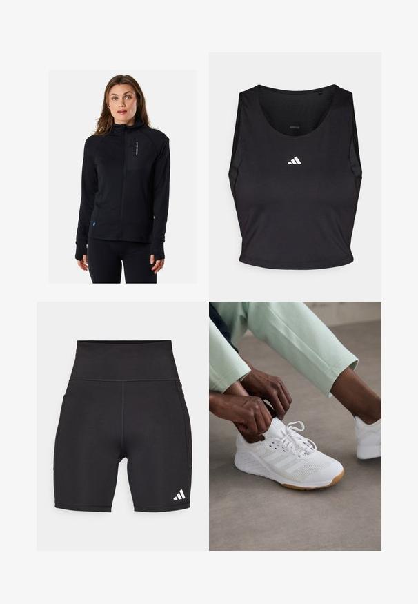 Black zip-up jacket with high collar, fitted design, and thumbholes. Features a zippered chest pocket. Made from soft, stretchy material.; Black sports crop top made from moisture-wicking fabric, featuring a round neck, sleeveless design, and white logo on the chest.; Black athletic shorts made of stretchy fabric. High waistband, mid-thigh length, with white three-stripe logo on the lower left side.; White athletic shoe with a mesh upper, rubber sole, and three stripe design. Laces are being adjusted; light gray and mint green clothing visible.