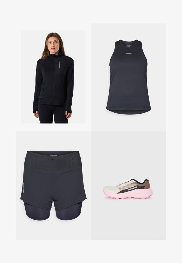 Giacca nera con zip, colletto alto, design aderente e fori per il pollice. Presenta una tasca sul petto con zip. Realizzata in materiale morbido ed elastico.; Canotta sportiva grigio scuro realizzata in tessuto strutturato; presenta un collo tondo e il marchio "SALOMON" stampato in bianco sulla parte anteriore.; Pantaloni corti sportivi grigio scuro con una fodera interna aderente, caratterizzati da una finitura testurizzata e dal logo "Salomon" sul lato.; Scarpa da corsa leggera in bianco, marrone e rosa. Presenta una tomaia traspirante, accenti grigi testurizzati e una suola in gomma rosa.