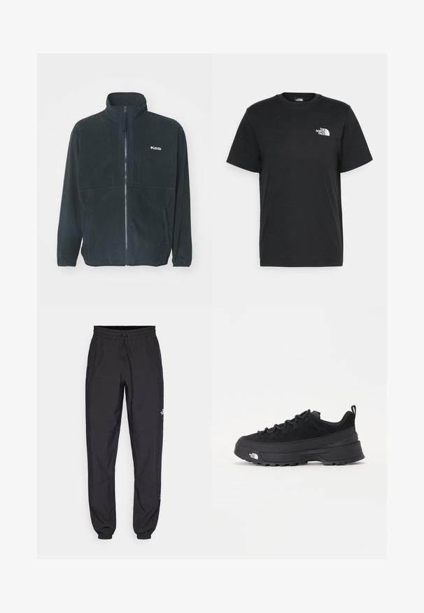 Črna flis jakna z visokim ovratnikom, celotnim sprednjim zadrgo in dvema stranskima žepoma. Vključuje diskreten logotip na predelu prsi.; Črna bombažna majica s kratkimi rokavi, okroglim izrezom in majhnim belim logotipom na levem prsnem delu. Preprost dizajn, gladka tekstura in sproščen kroj.; Črne atletske hlače iz lahkega materiala, ki imajo elastični pas z vezalko, stranske žepe in zožene manšete na gležnjih.; Črne zunanje teniske s zgornjim delom iz usnja z nubukom, teksturiranim gumijastim podplatom in trdnim vezalnim sistemom. Imajo ojačan petni del in logotip blagovne znamke na strani.