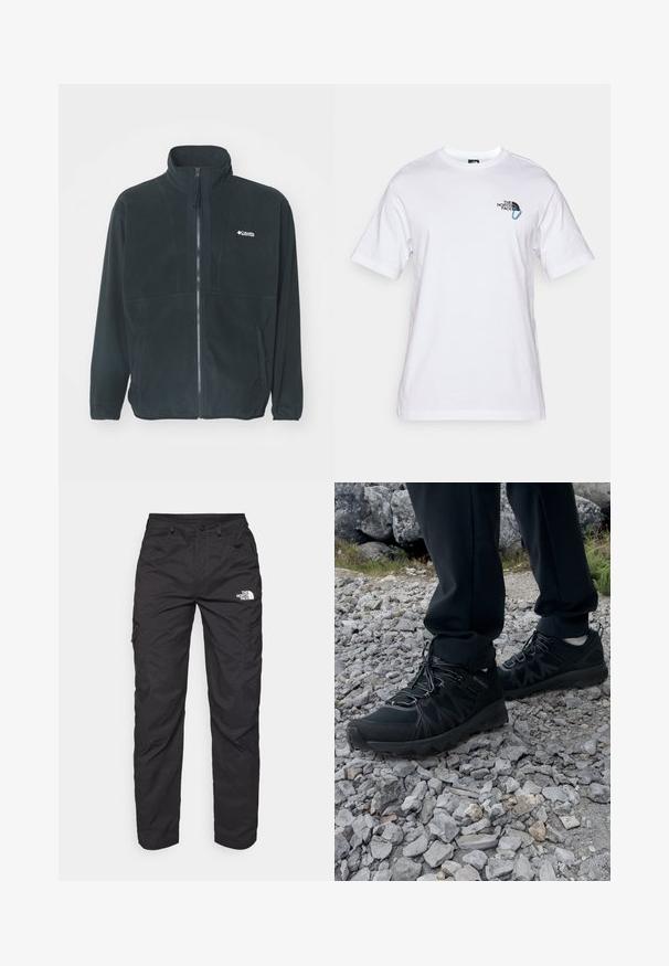Musta fleece-takki, jossa on korkea kaulus, täyspitkä vetoketju ja kaksi sivutaskua. Sisältää hienovaraisen logon rintataskussa.; The North Face EXPLORE CARABINER RELAXED TEE UNISEX - Printtipaita - white; Mustat cargo-housut, jotka on valmistettu kevyestä kankaasta. Varustettu vetoketjullisilla sivutaskuilla ja logolla vasemmassa reidessä. Suorat lahkeet.; Mustat ulkokengät, joissa on verkko- ja synteettinen materiaali, teksturoitu päällinen, varma nauhoitusjärjestelmä ja kestävä pohja kivikkoisella maastolla.