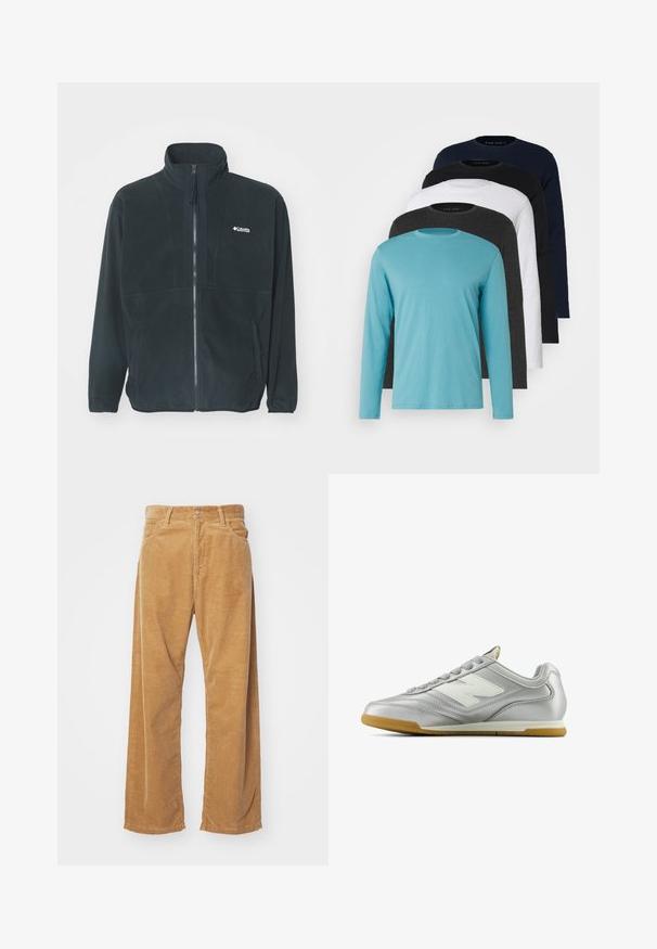 Juodas pūkinis džemperis su aukšta apykakle, visišku priekyje užtrauktuku ir dviem šoniniais kišenėmis. Ant krūtinės yra diskretiškas logotipas.; Penki ilgomis rankovėmis marškiniai išdėstyti eilėje: turkio, juodos, baltos, tamsiai pilkos ir tamsiai mėlynos spalvų. Minkšta medžiaga su apvalia apykakle ir standartiniu gaminiu.; Aiviškai platūs šortai tan spalvos. Yra tekstūruoti, vertikalūs briauneliai, standartinė juosmens dalis ir dvi priekinės kišenės.; Sidabriniai sportiniai bateliai su lygiu, blizgiu paviršiumi, balta logo šone, tekstūruotomis pilkomis raištelėmis ir guminiais padais.