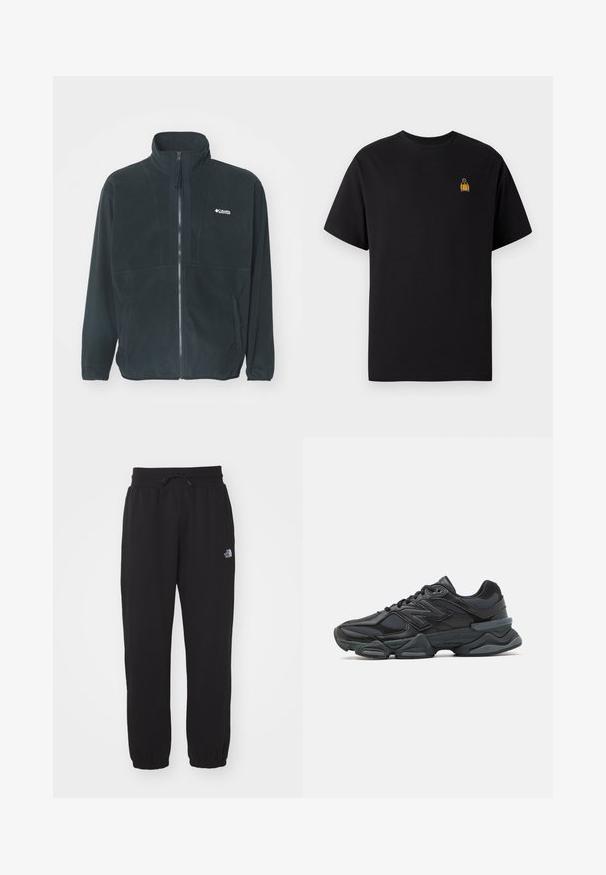 Chaqueta de forro polar negra con cuello alto, cremallera frontal completa y dos bolsillos laterales. Incluye un logo discreto en la zona del pecho.; Camiseta de algodón negra con mangas cortas, escote redondo y un pequeño diseño bordado amarillo en la parte izquierda del pecho.; Pantalones de chándal negros de tela suave, con cinturilla elástica y cordón, tobillos ajustados y un pequeño logo en el muslo superior.; Zapatilla de running negra que presenta una combinación de malla y materiales sintéticos, suela gruesa, diseño curvado y una marca prominente en el costado.