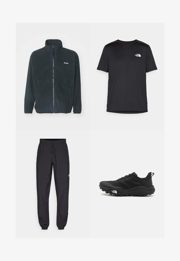 Crni flis jakna s visokim ovratnikom, punim prednjim zatvaračem i dva bočna džepa. Uključuje suptilan logo na području prsiju.; Crna majica kratkih rukava izrađena od lagane tkanine. Ima mali bijeli logo na lijevoj strani grudi i suptilne naglaske na ramenima.; Crne sportske hlače od lagane tkanine, s pojasom na vezanje, bočnim džepovima i suženim manžetama na gležnjevima.; Crne trail trkačke cipele s teksturiranim gornjim dijelom, gumeni potplat i ojačana zaštita za prste. Imaju podstavljen ovratnik i trakicu za lakše obuvanje.