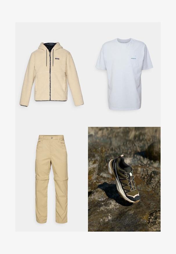 Casaco de fleece na cor creme com capuz, tecido texturizado, fecho frontal e dois bolsos laterais. Apresenta detalhes escuros e um patch com o logotipo.; T-shirt de algodão branco com mangas curtas, gola redonda e um bolso no lado esquerdo do peito com o logótipo azul "Patagonia". Ajuste clássico com uma textura suave.; Calças bege com fecho de zip, com uma textura suave, apresentando dois bolsos laterais, um fecho de botão e punhos que se podem enrolar para maior versatilidade.; Calçado de caminhada em verde-oliva e preto com detalhes em rosa. Apresenta um cabedal texturizado, sola flexível, ponta reforçada e um sistema de atacadores coloridos.