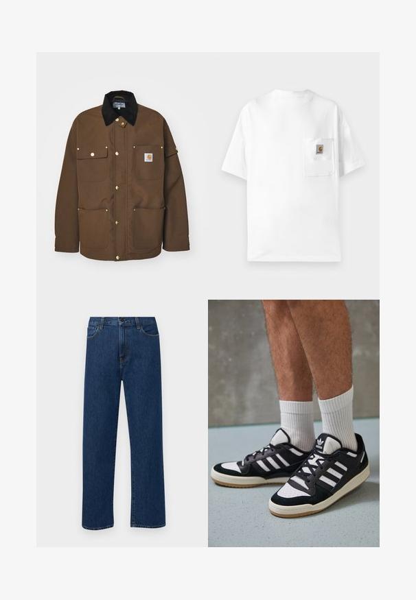 Hnedá bunda vyrobená z odolnej tkaniny, s čiernym zamatovým golierom, zlatými gombíkmi a viacerými vreckami s nášivkou loga.; Biele bavlnené tričko s okrúhlym výstrihom, krátkymi rukávmi a náprsníkovou vreckom s logom. Minimalistický dizajn a bezšvová textúra.; Tmavomodré rovné rifľové nohavice s prednými vreckami a zapínaním na gombík, vystavené na jednoduchom bielom pozadí.; Čierno-biele tenisky s vrchom z semišu a kože, s troma bielymi pruhmi, perforovanou špičkou a gumovou podrážkou.